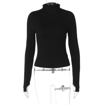 Shemoda autumn versatile solid color half high collar exposed finger long sleeved base shirt T shirt women s elastic high waist slim fit top