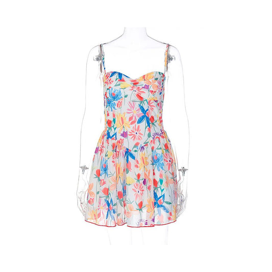 Shemoda French sweet colorful floral print sundress for women 2026 high waisted slimming A line pleated skirt