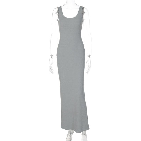 Shemoda European and American minimalist style solid color square neck suspender dress for women with high waist slim fit sexy and hip hugging long skirt