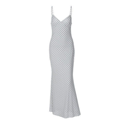 Shemoda French retro polka dot print deep V neck double layer patchwork camisole dress for women high waisted slim fit long skirt image 5