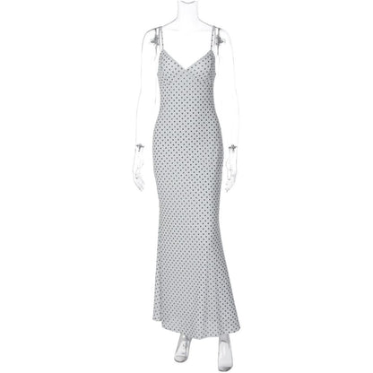Shemoda French retro polka dot print deep V neck double layer patchwork camisole dress for women high waisted slim fit long skirt
