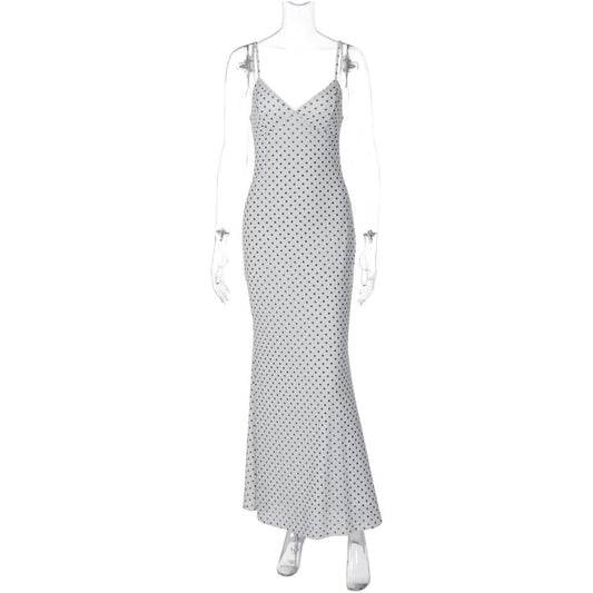 Shemoda French retro polka dot print deep V neck double layer patchwork camisole dress for women high waisted slim fit long skirt