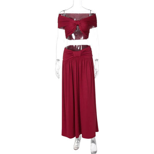 Shemoda European and American style sexy twisted one neck strapless top high waist slim fit half body long skirt fashionable set