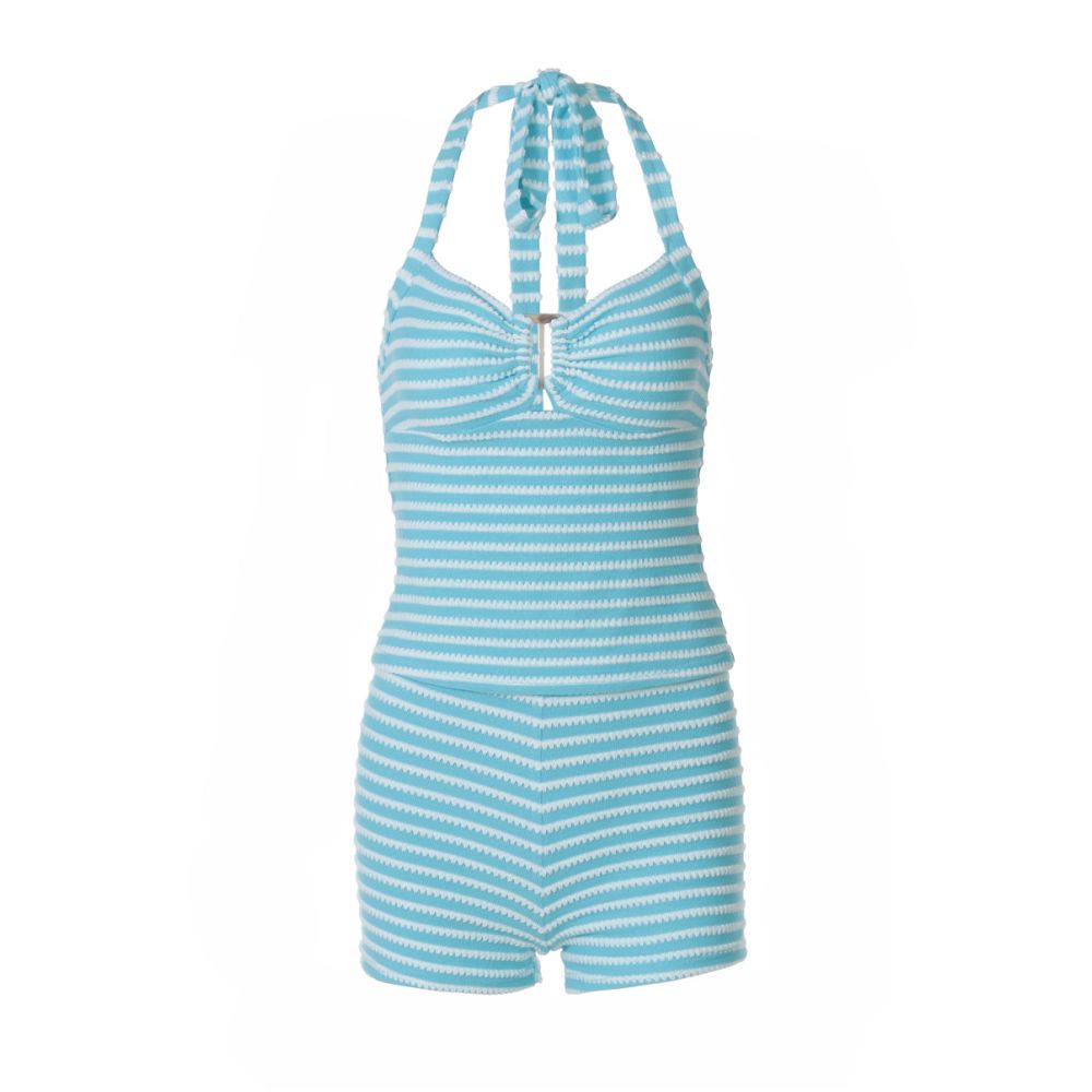 Shemoda Summer Vacation Style Stripe Printed Knitted Hot Girl Set Female Hollow Strap Hanging Neck Top Shorts image 5