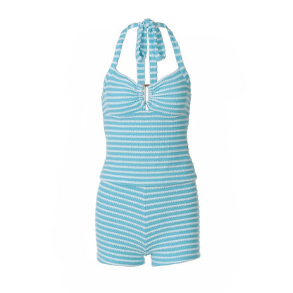 Shemoda Summer Vacation Style Stripe Printed Knitted Hot Girl Set Female Hollow Strap Hanging Neck Top Shorts image 5