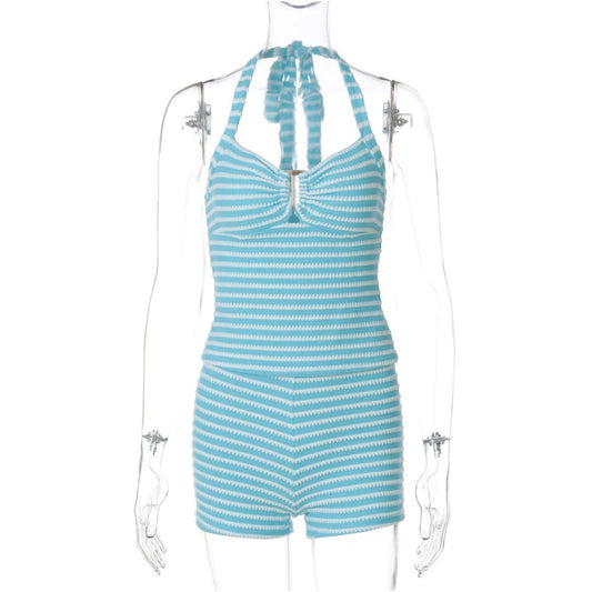 Shemoda Summer Vacation Style Stripe Printed Knitted Hot Girl Set Female Hollow Strap Hanging Neck Top Shorts
