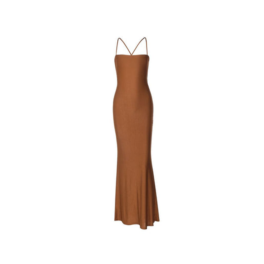 European and American style sexy one neck camisole dress with a feminine feel backless tied rope waist cinching slimming effect fish tail over knee long skirt