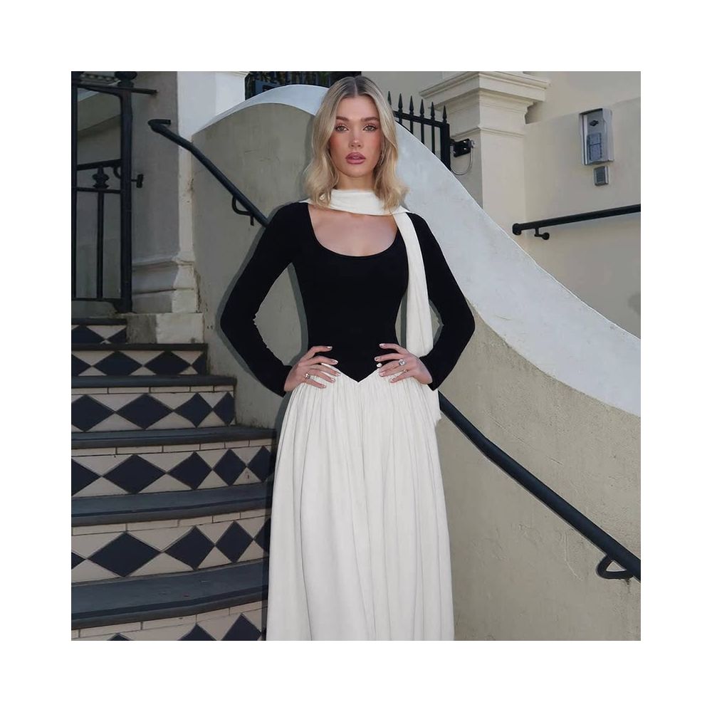 Shemoda European and American style ribbon round neck long sleeved dress for women high waist slim fit contrasting color splicing temperament long skirt image 1