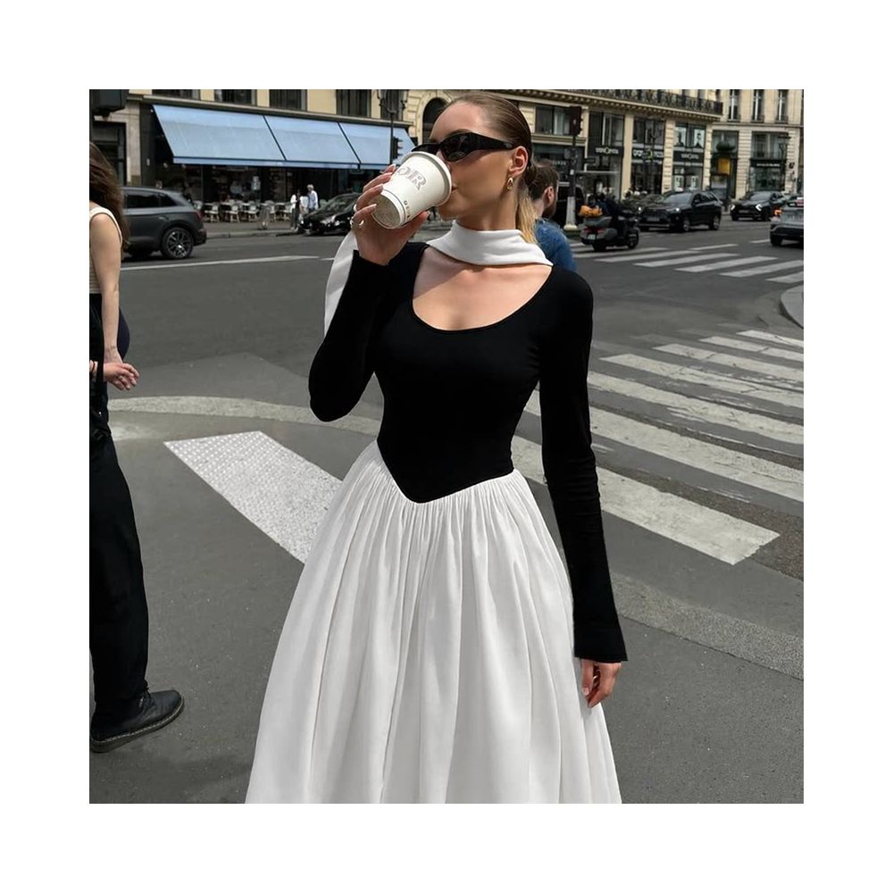 Shemoda European and American style ribbon round neck long sleeved dress for women high waist slim fit contrasting color splicing temperament long skirt image 2