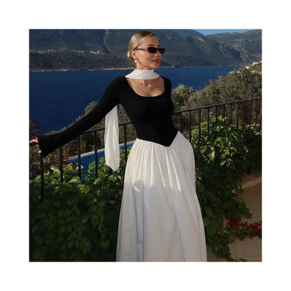 Shemoda European and American style ribbon round neck long sleeved dress for women high waist slim fit contrasting color splicing temperament long skirt image 3