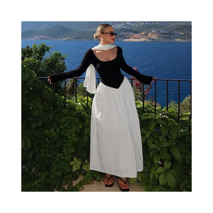Shemoda European and American style ribbon round neck long sleeved dress for women high waist slim fit contrasting color splicing temperament long skirt image 4