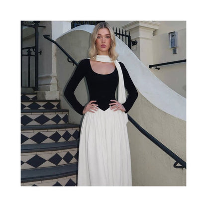 Shemoda European and American style ribbon round neck long sleeved dress for women high waist slim fit contrasting color splicing temperament long skirt image 0