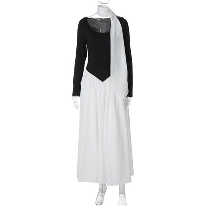 Shemoda European and American style ribbon round neck long sleeved dress for women high waist slim fit contrasting color splicing temperament long skirt