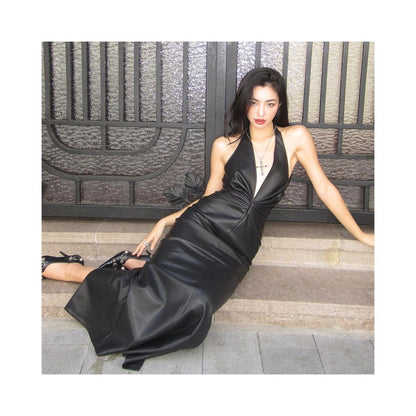 European and American style sexy V neck hanging neck PU leather skirt for women invisible zipper pleated waist slimming temperament knee length skirt image 4