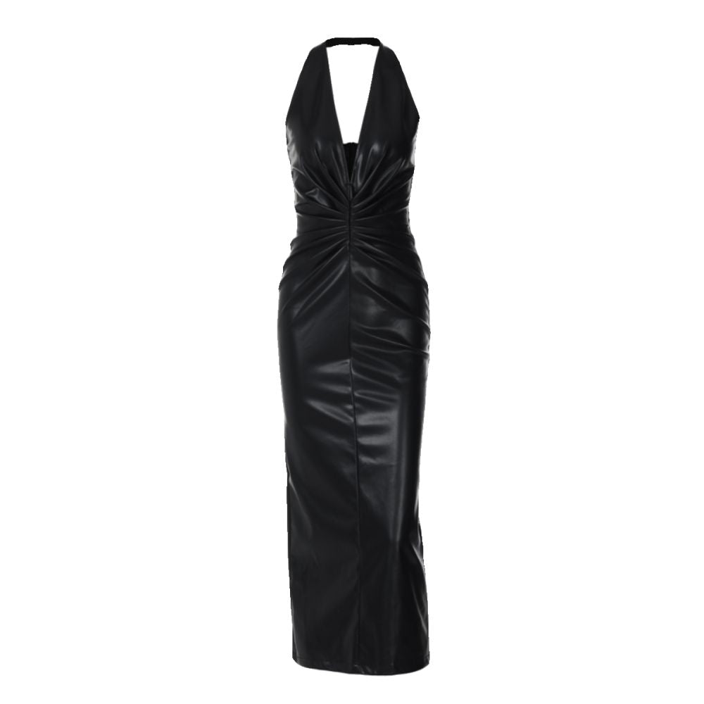 European and American style sexy V neck hanging neck PU leather skirt for women invisible zipper pleated waist slimming temperament knee length skirt image 5