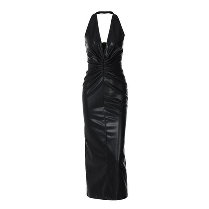 European and American style sexy V neck hanging neck PU leather skirt for women invisible zipper pleated waist slimming temperament knee length skirt image 5