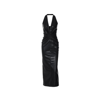 European and American style sexy V neck hanging neck PU leather skirt for women invisible zipper pleated waist slimming temperament knee length skirt