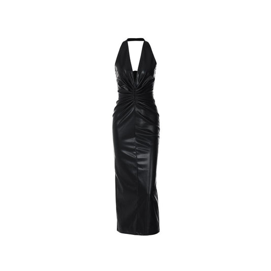 European and American style sexy V neck hanging neck PU leather skirt for women invisible zipper pleated waist slimming temperament knee length skirt