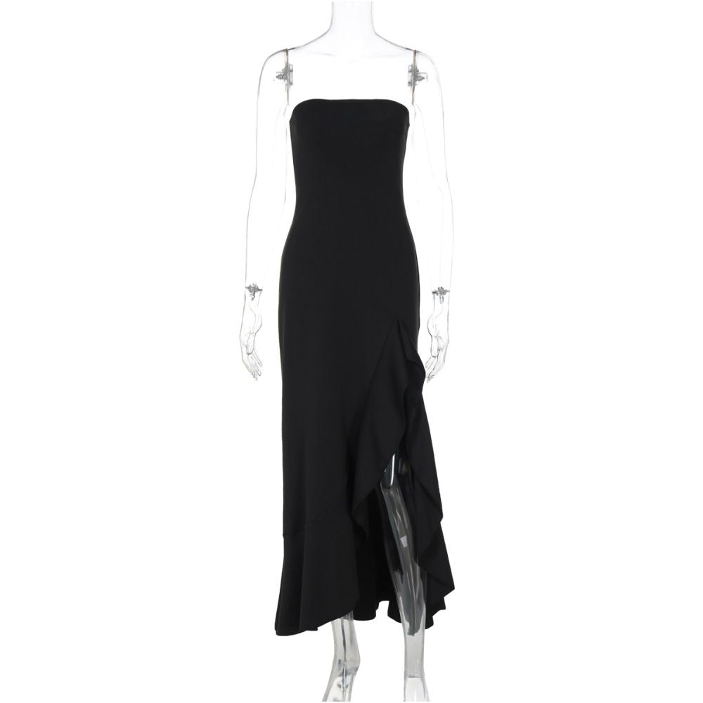 Shemoda European and American style sexy one neck strapless dress for women height slit lace dress long skirt