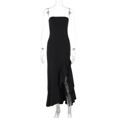 Shemoda European and American style sexy one neck strapless dress for women height slit lace dress long skirt