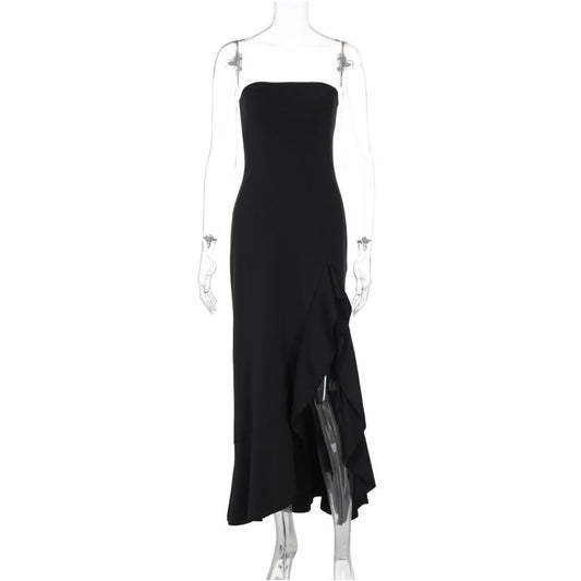 Shemoda European and American style sexy one neck strapless dress for women height slit lace dress long skirt