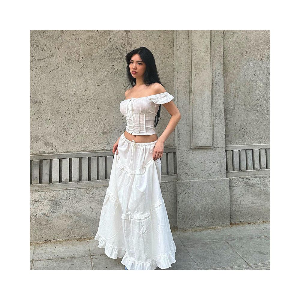 European and American style suit with a straight neckline pleated back waistband top slimming lace fluffy skirt long skirt two piece set for women s clothing image 1