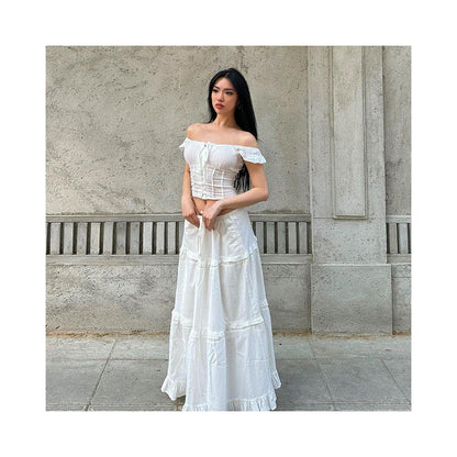 European and American style suit with a straight neckline pleated back waistband top slimming lace fluffy skirt long skirt two piece set for women s clothing image 2