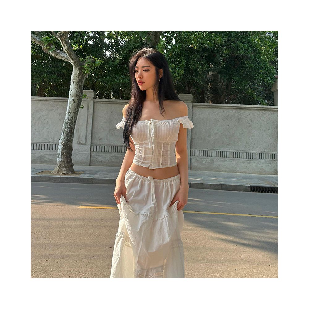 European and American style suit with a straight neckline pleated back waistband top slimming lace fluffy skirt long skirt two piece set for women s clothing image 3