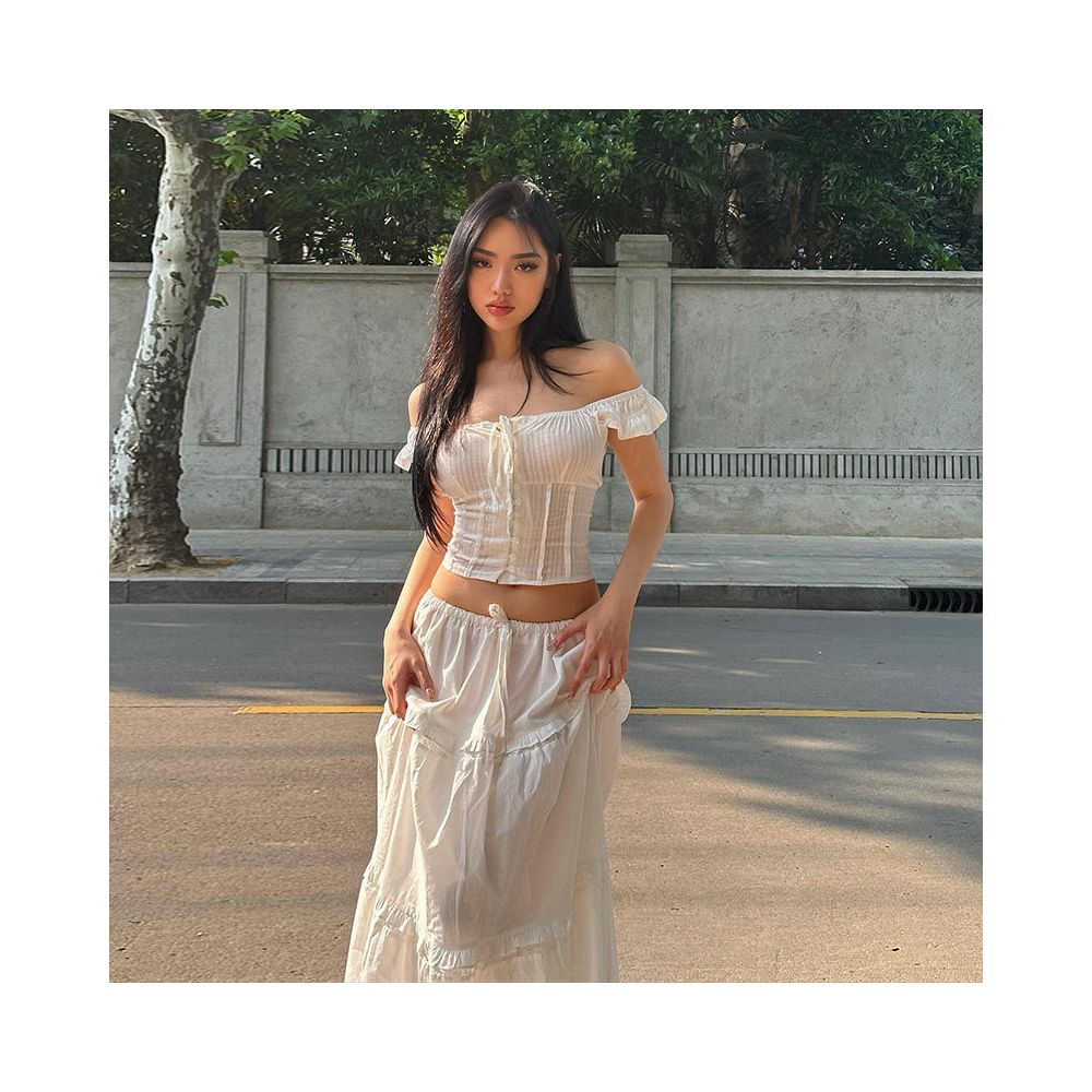European and American style suit with a straight neckline pleated back waistband top slimming lace fluffy skirt long skirt two piece set for women s clothing image 4