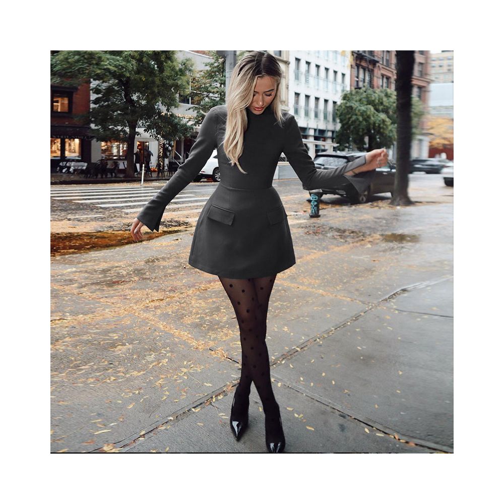 European and American style retro high waist slim fit long sleeved dress women s back zipper round neck one step skirt short skirt A line skirt image 1