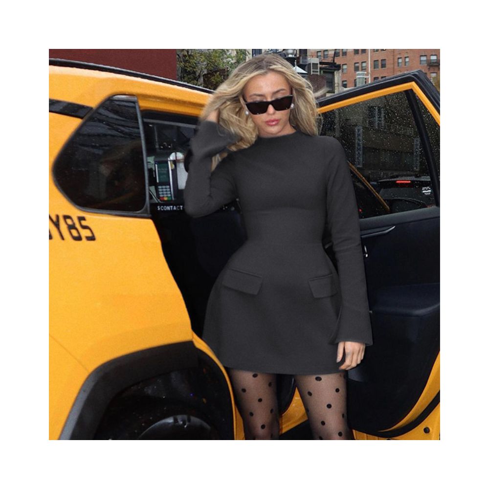 European and American style retro high waist slim fit long sleeved dress women s back zipper round neck one step skirt short skirt A line skirt image 2