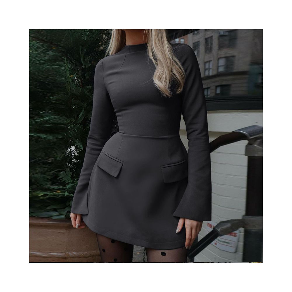 European and American style retro high waist slim fit long sleeved dress women s back zipper round neck one step skirt short skirt A line skirt image 3