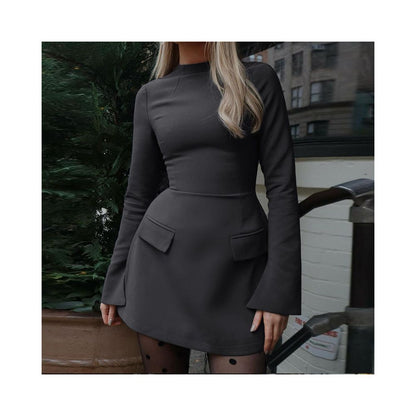 European and American style retro high waist slim fit long sleeved dress women s back zipper round neck one step skirt short skirt A line skirt image 3