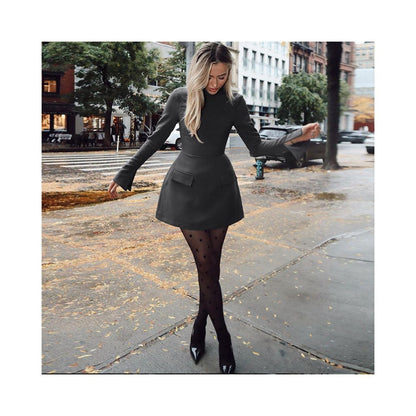 European and American style retro high waist slim fit long sleeved dress women s back zipper round neck one step skirt short skirt A line skirt image 0