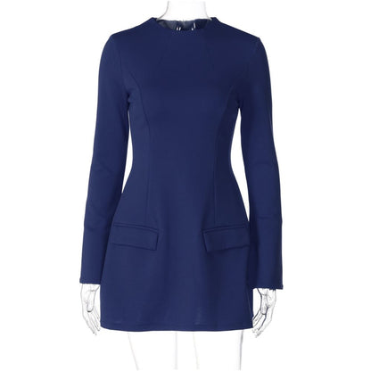 European and American style retro high waist slim fit long sleeved dress women s back zipper round neck one step skirt short skirt A line skirt
