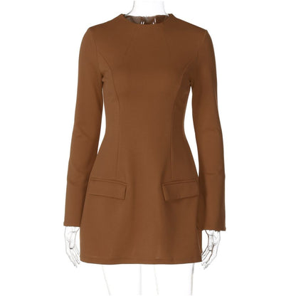 European and American style retro high waist slim fit long sleeved dress women s back zipper round neck one step skirt short skirt A line skirt