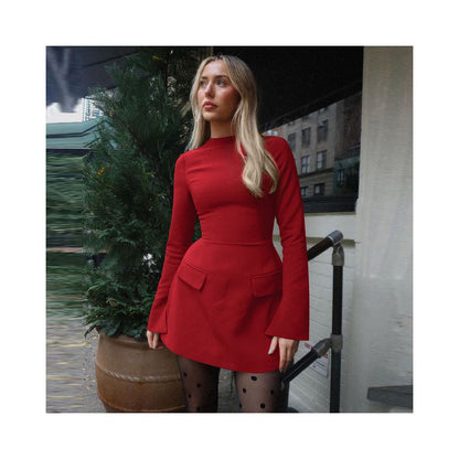 European and American style retro high waist slim fit long sleeved dress women s back zipper round neck one step skirt short skirt A line skirt