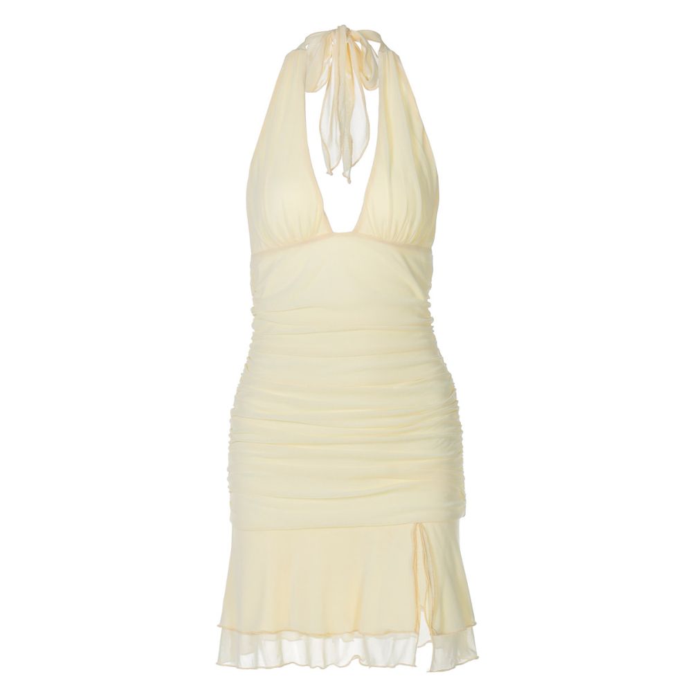 Shemoda sexy deep V neck backless strap hanging neck dress women s double layer mesh splicing pleated high waisted short skirt image 5
