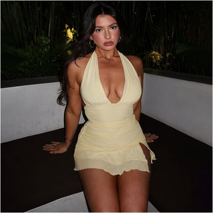 Shemoda sexy deep V neck backless strap hanging neck dress women s double layer mesh splicing pleated high waisted short skirt image 0