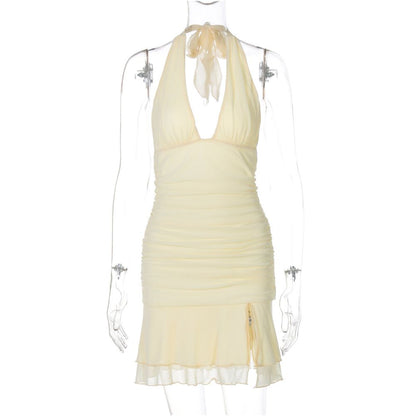 Shemoda sexy deep V neck backless strap hanging neck dress women s double layer mesh splicing pleated high waisted short skirt