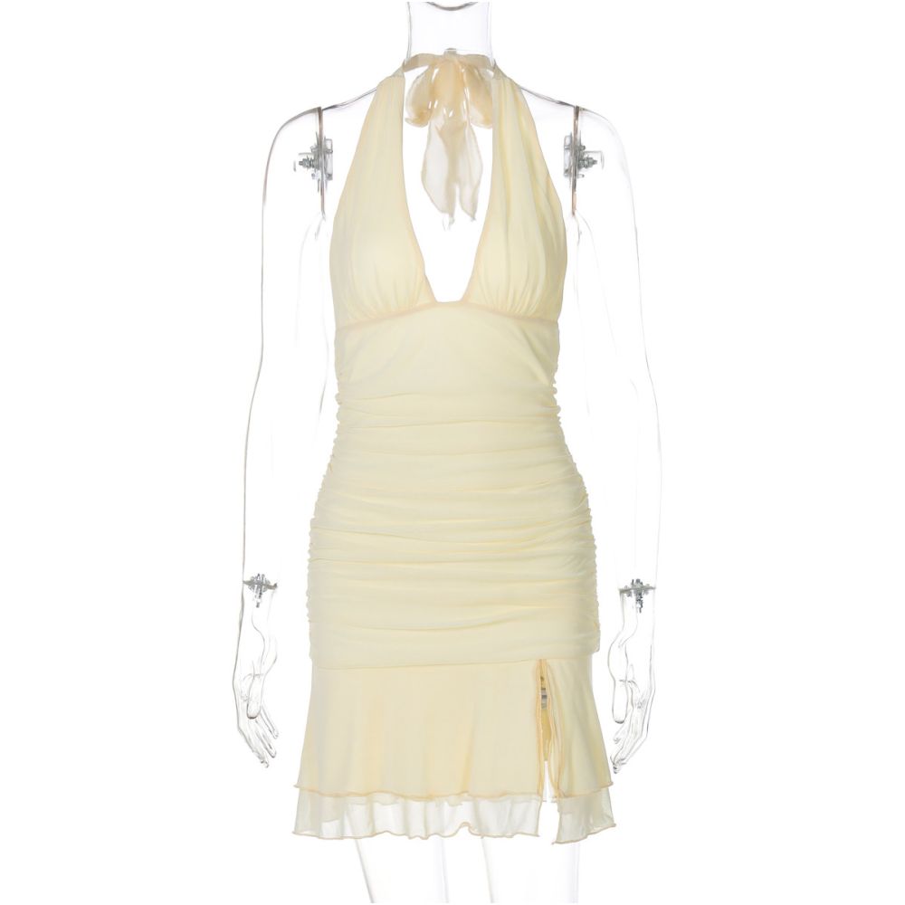 Shemoda sexy deep V neck backless strap hanging neck dress women s double layer mesh splicing pleated high waisted short skirt