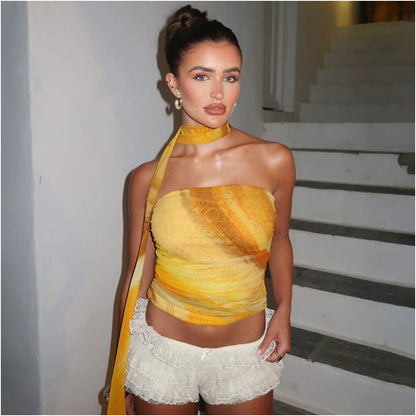 Shemoda European and American style tie dye print double layer mesh one collar elastic slim fit strapless top for women with ribbons image 1