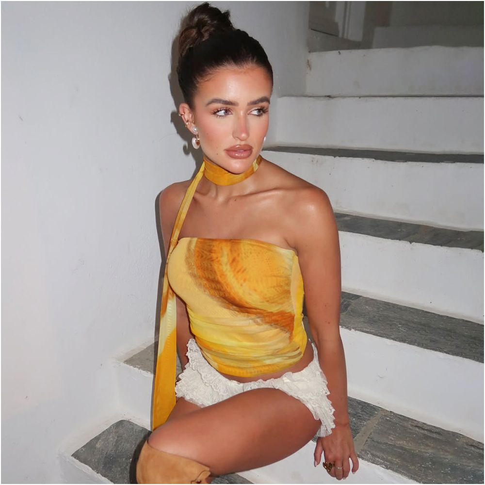 Shemoda European and American style tie dye print double layer mesh one collar elastic slim fit strapless top for women with ribbons image 2