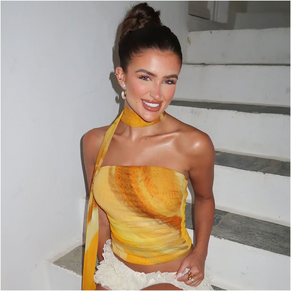 Shemoda European and American style tie dye print double layer mesh one collar elastic slim fit strapless top for women with ribbons image 3