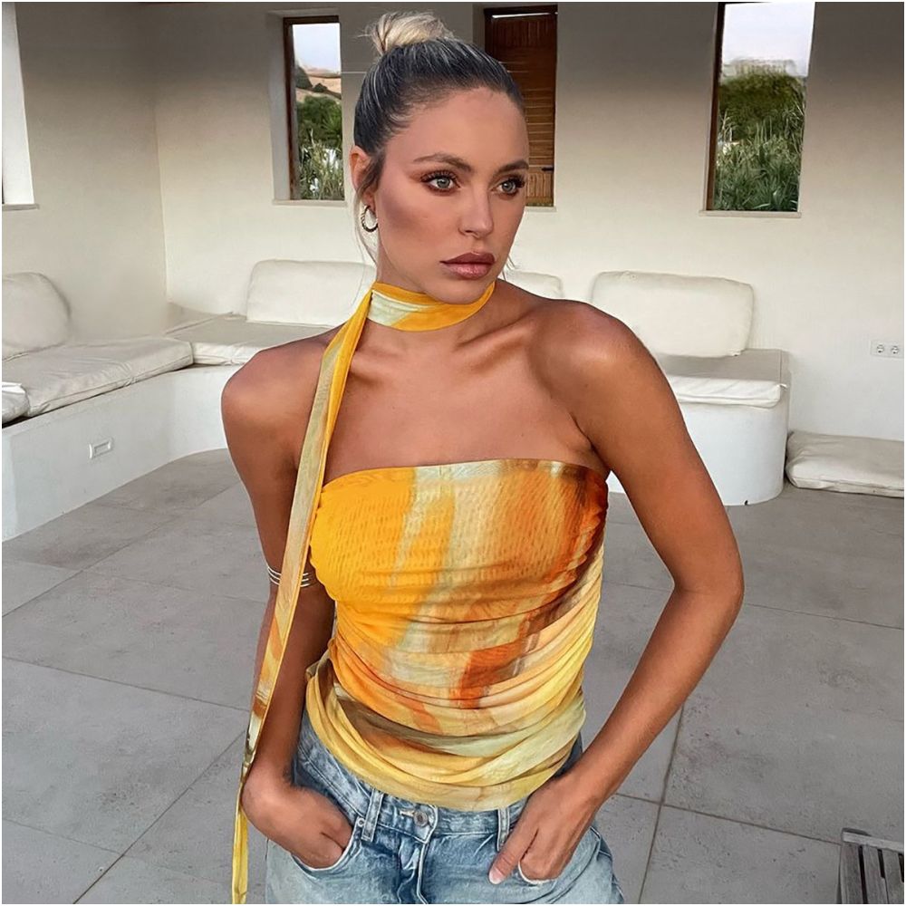 Shemoda European and American style tie dye print double layer mesh one collar elastic slim fit strapless top for women with ribbons image 4