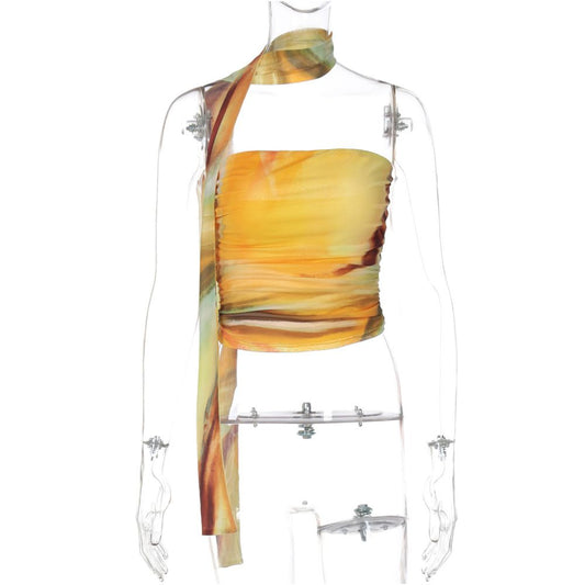 Shemoda European and American style tie dye print double layer mesh one collar elastic slim fit strapless top for women with ribbons