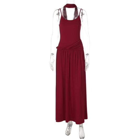 Shemoda French style pendant suspender dress for women with pleated twisted waist slim fit slimming and long skirt