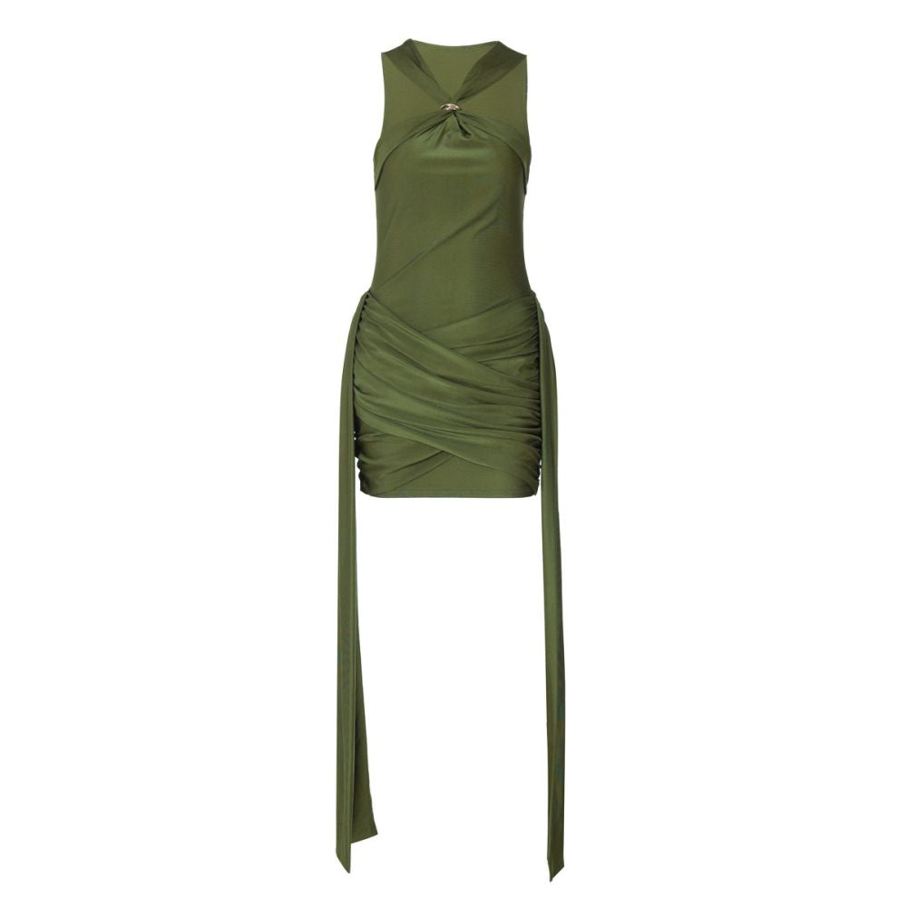 Shemoda European and American style metal buckle sleeveless dress for women pleated high waisted slim fit with flowing ribbons sexy hip hugging short skirt image 5