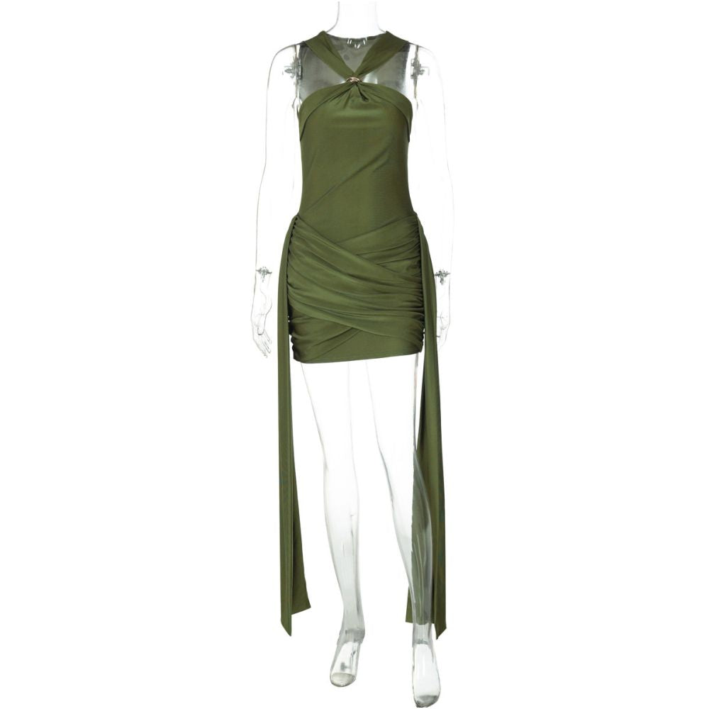 Shemoda European and American style metal buckle sleeveless dress for women pleated high waisted slim fit with flowing ribbons sexy hip hugging short skirt