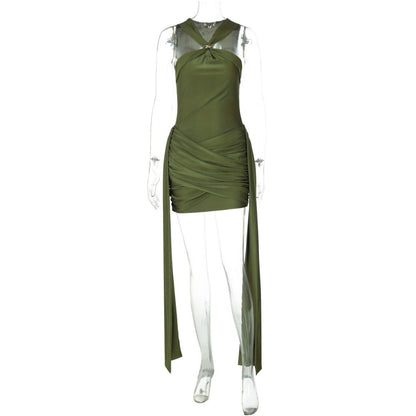 Shemoda European and American style metal buckle sleeveless dress for women pleated high waisted slim fit with flowing ribbons sexy hip hugging short skirt